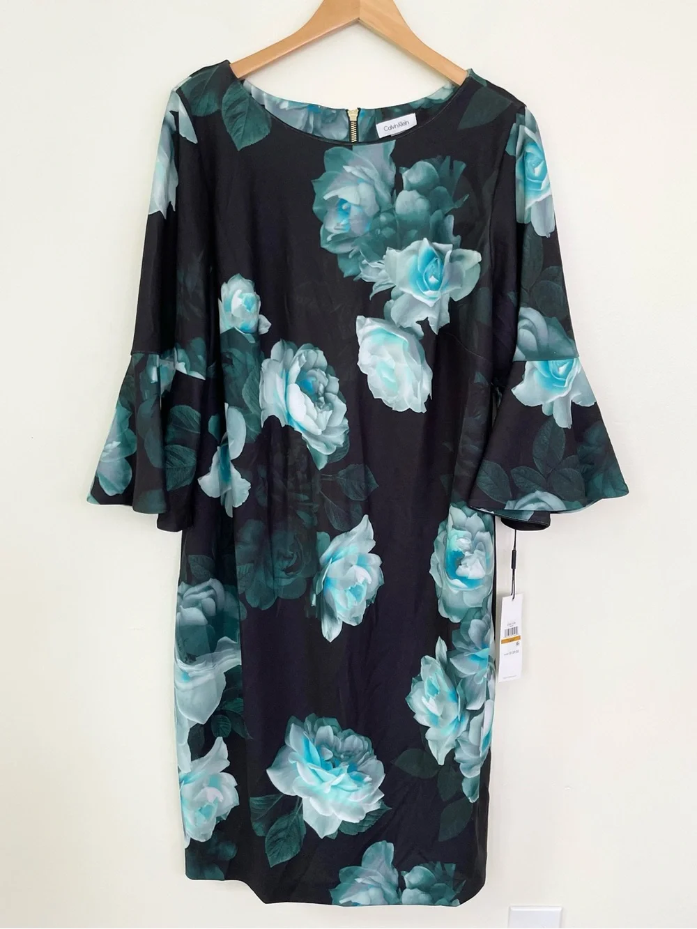 NWT Calvin Klein Malachite Green Black Bell Sleeve Shift Midi Dress 16W Classic